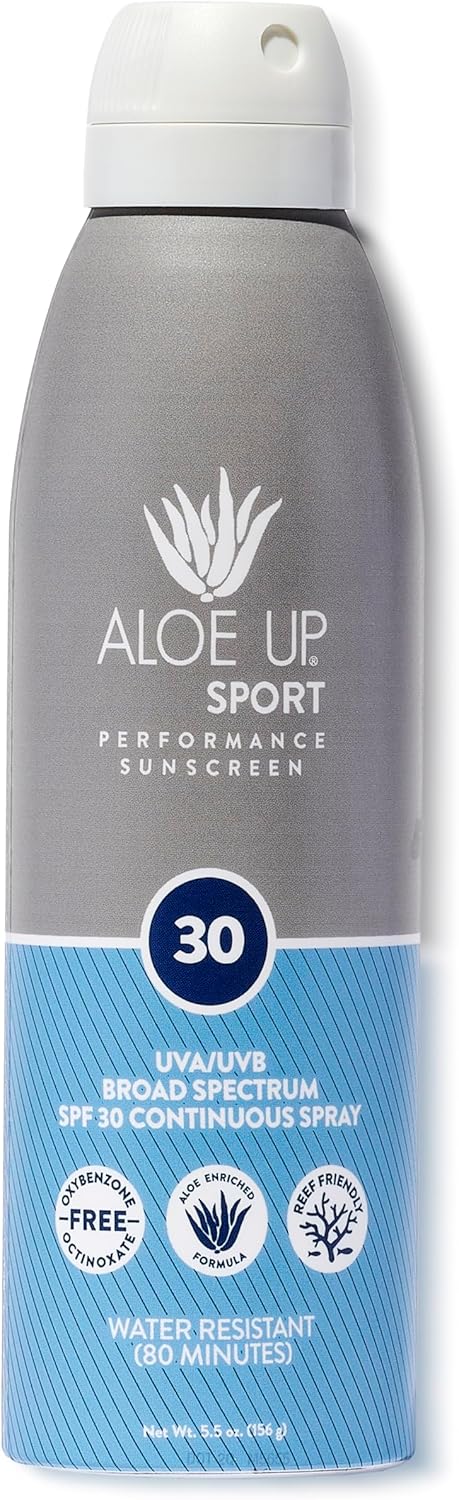 Aloe Up Sport Continuous Spray Sunscreen SPF 30 - Broad Spectrum UVA/UVB Sunscreen Protector for Face and Body - With Aloe Vera Gel - Fast Absorbing Sheer Formula - Reef Safe - Fragrance-Free - 6 Oz