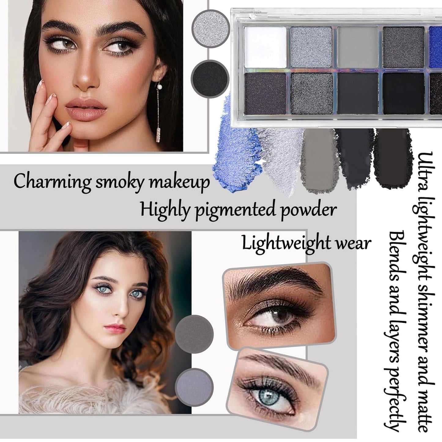 Black Grey Smoky Eyeshadow Palette,15 Colors Matte Shimmer Pigmented Eye Shadow Makeup Palette Set with 3 Eyeshadow Brushes,Glitter Eyeshadow Makeup Palette for Daily Halloween Goth Makeup(E)
