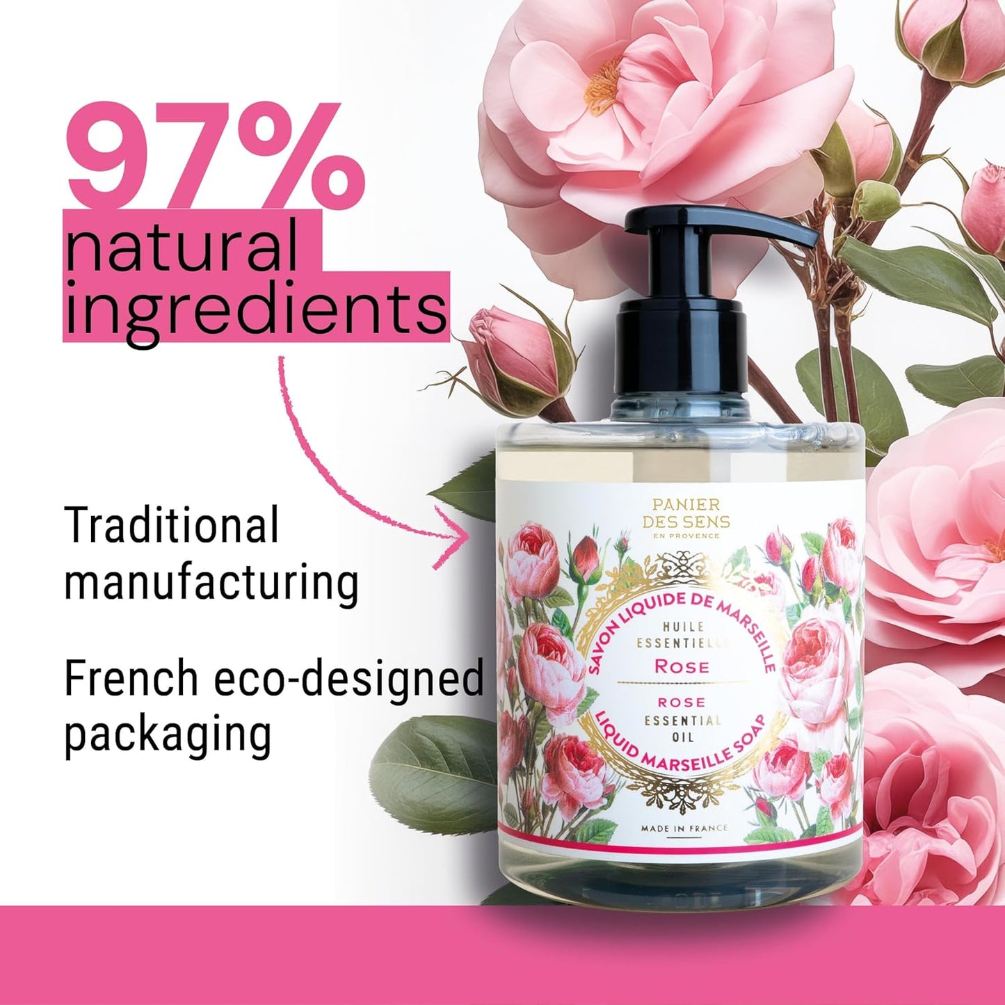 Panier des Sens Moisturizing Hand Soap - Rose Floral, Feminine Fragrance - French Traditional Savon de Marseille Soap - Refillable Kitchen & Bathroom Soap - 16.9 Fl.oz Liquid Hand Wash 97% Natural
