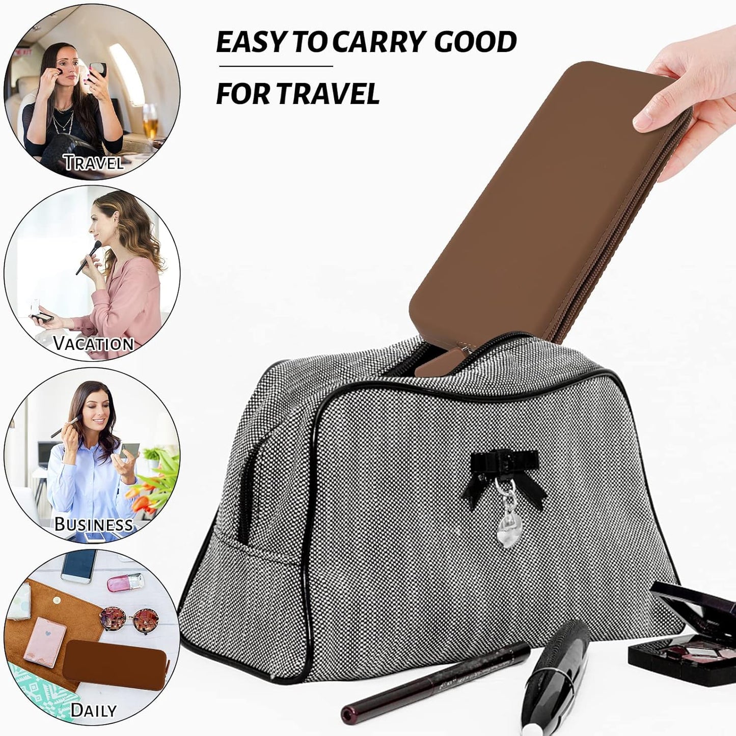 Sakolla Travel Makeup Brush Holder, Silicone Makeup Brush Bag with Zipper Closure, Makeup Brushes Organizer Case Washable Makeup Pouch Holder Case for Daily, Work, Essentials (Brown)