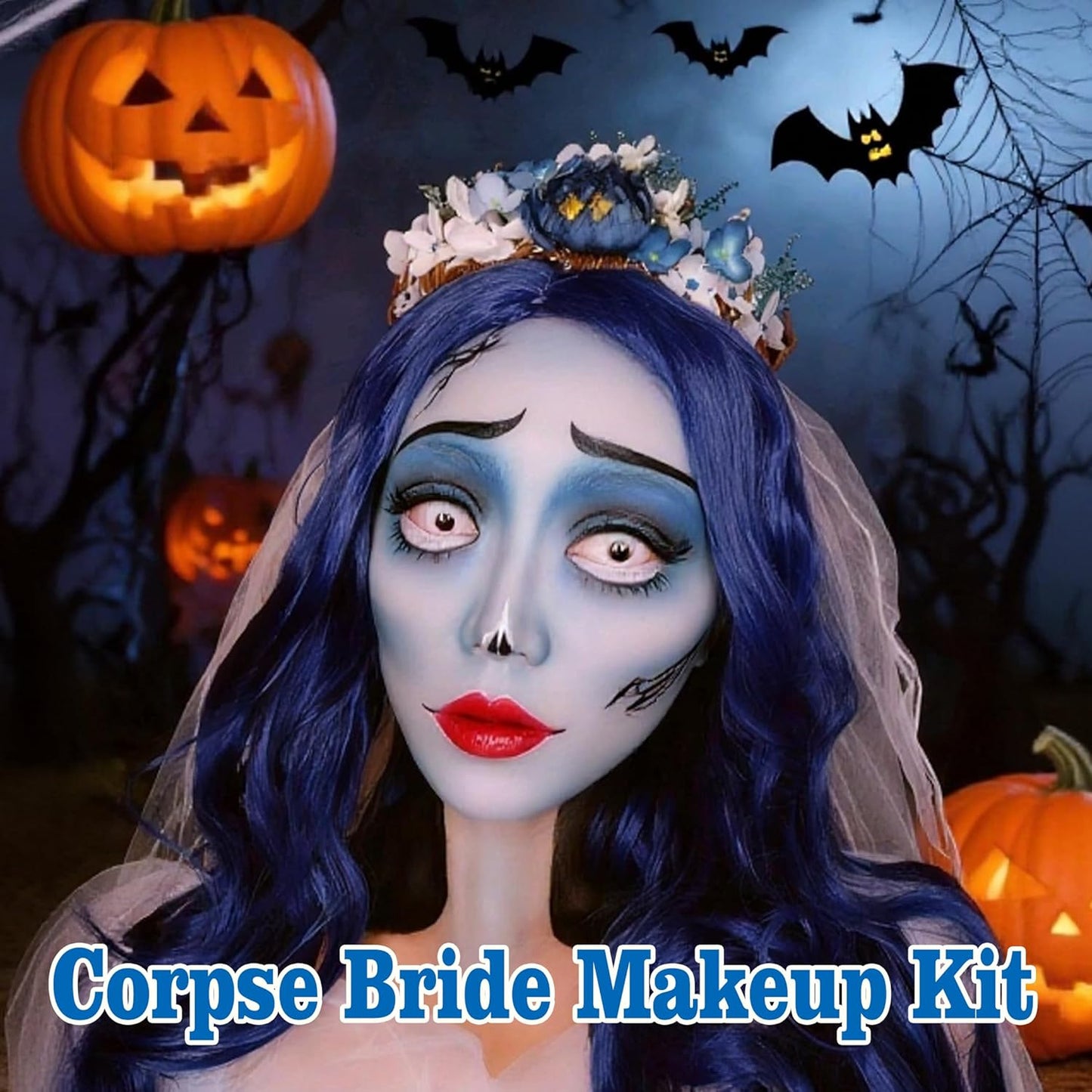 Sally Makeup Kit, Sally Face Costume Cosplay Accessories for Women Girls, Corpse Bride Costume Makeup Kit, Water Activated Light Blue Face Body Paint+Red Lipstick+Black Eyeliner+Sponges