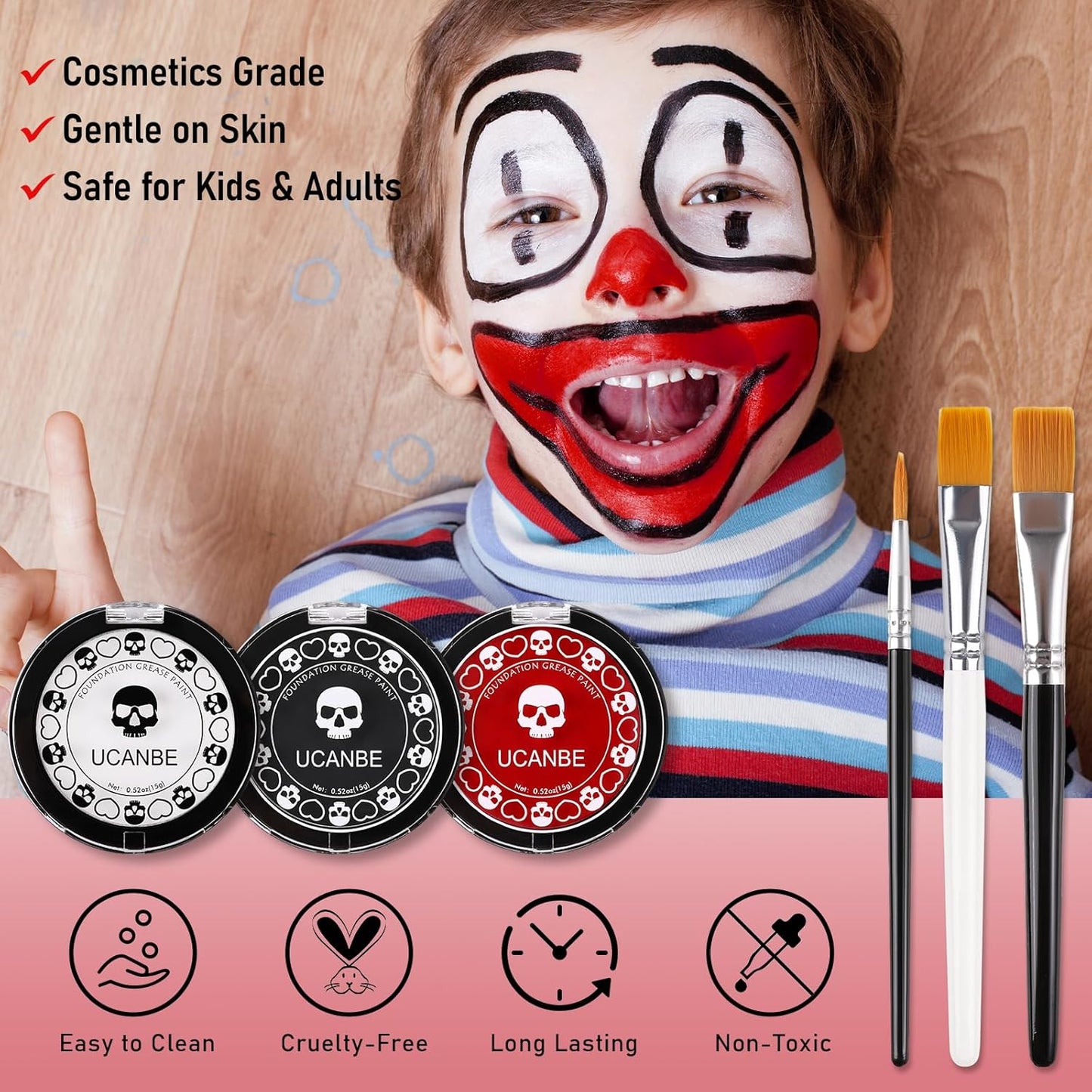 Goth White Foundation + Black Red Face Body Paint for Halloween Makeup, Face Painting Kit with Brushes Facepaint Set for Kids Adults Clown Vampire Skull SFX Make Up Costume Cosplay Party Theater Stage