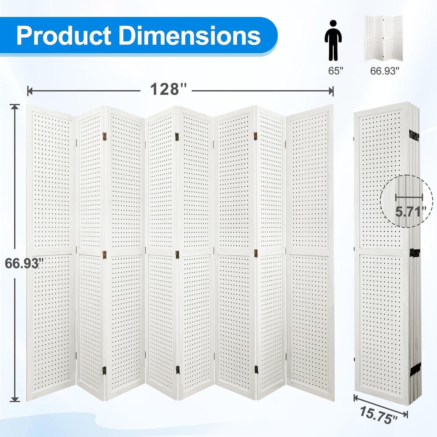 8 Panel Room Divider with Pegboard Display 5.6FT Wood PegBoard Room Dividers, Folding Privacy Screens Portable Freestanding Partition Wall Divider for Art Shows & Room Separation, White
