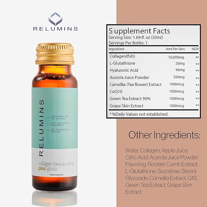 Relumins Radiant Bundle Set - 20 Bottles (50ml) Collagen Beauty Drink + 60 Capsules Advance Glutathione with Rose HIPS