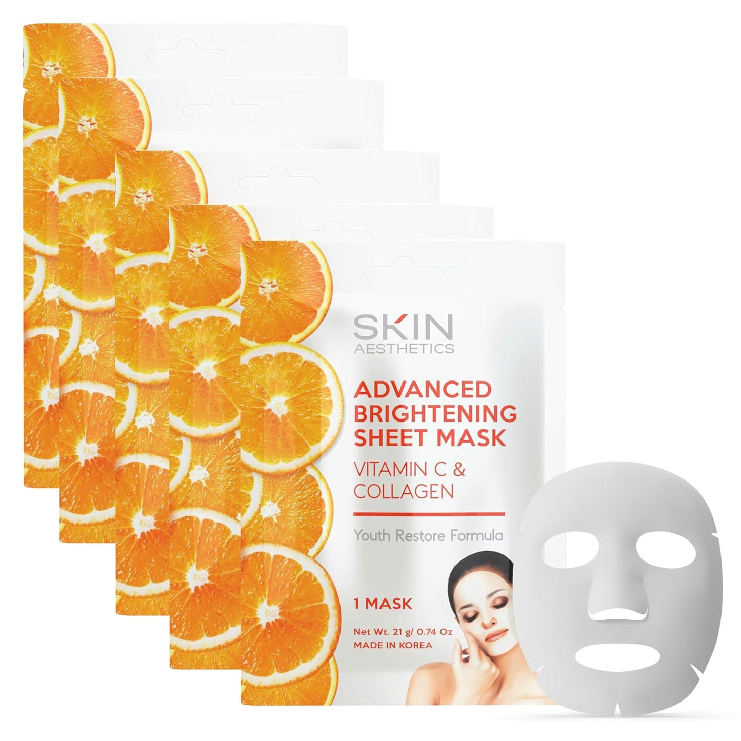 Vitamin C & Collagen Sheet Face Mask - Reduces Wrinkles & Age Spots, Hydrating - Dermatologist Tested Korean Skincare - Clean Beauty, Cruelty-Free - 5 Masks