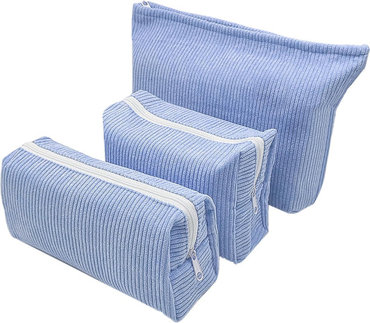 3 Pieces Makeup Bag Cosmetic Bag,Blue Small Zipper Pouch,Corduroy Makeup Purse Pouch,Cute Mini MakeUp Pouch,Cute Preppy Aesthetic Stuff for Girls
