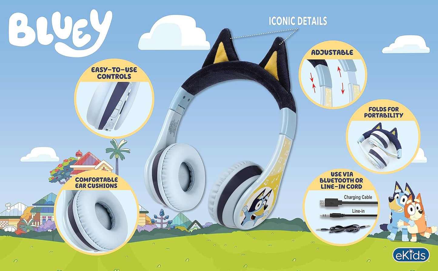 eKids Bluey Bluetooth Headphones for Kids, Wireless Headphones with Microphone Includes Aux Cord, Earphones for School, Home, or Travel, Ideal Bluey Halloween Costume