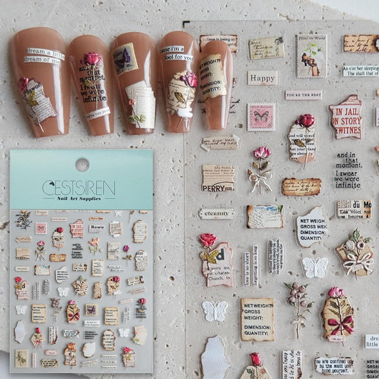 Vintage Letter Nail Art Stickers, Embossed Nail Decals, for Nail Art Design, Self-Adhesive, Nail Accessories for Women, Nail Art Supplies