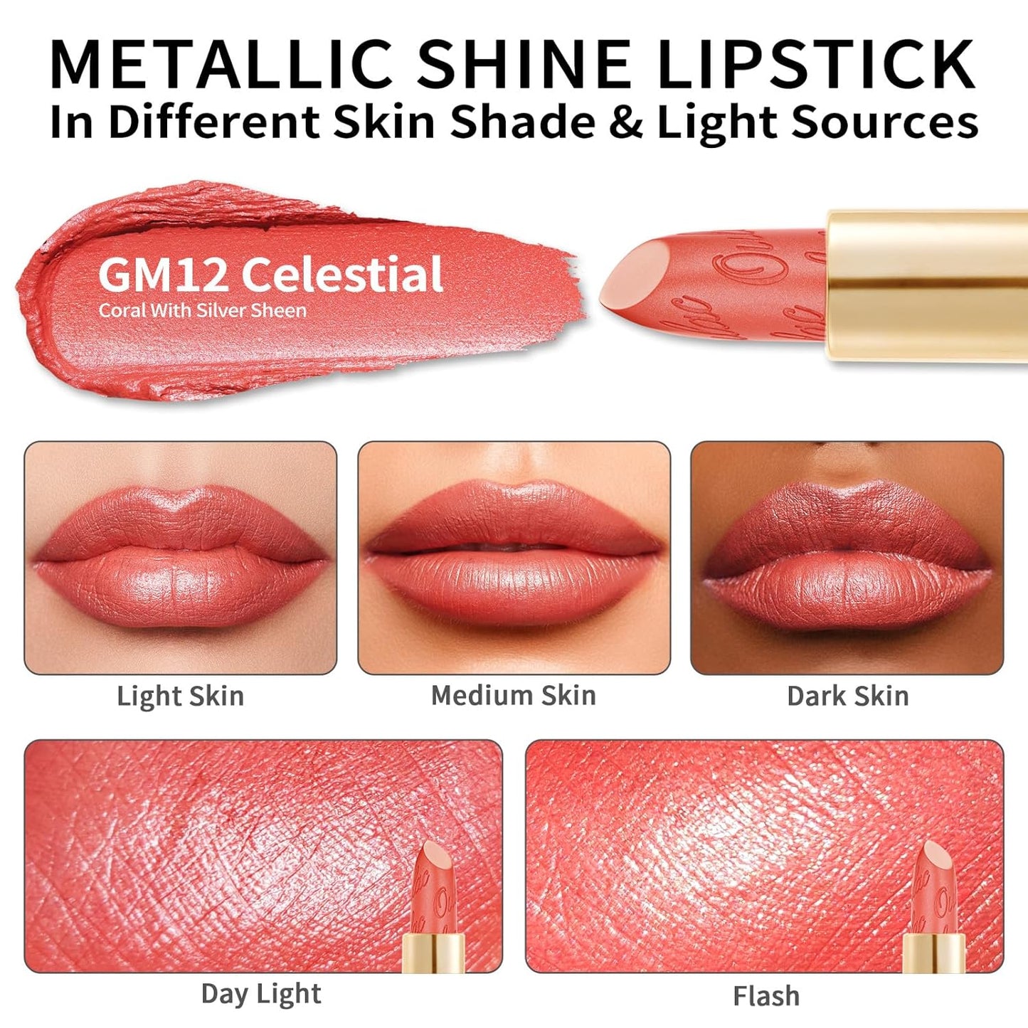 Oulac Coral Matte Lipstick with Glow Metallic Finish - Vegan Lipstick for Women, Creamy Texture, Hydrating Clean Beauty Formula, High-End Magnetic Hook Design, GM12 Celestial