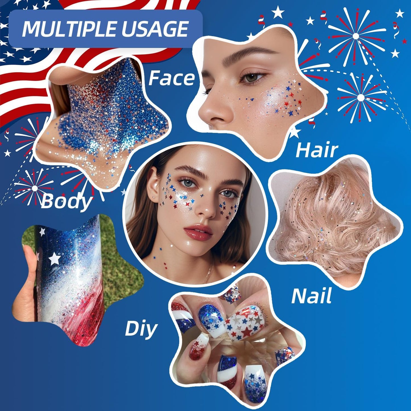 Red White and Blue Body Glitter Set - 4th of July Outfit Accessories for Women & Kids, USA Flag Face Glitter with Glue, 4 Jars Holographic Chunky Patriotic Hair Glitter Sequins for Independence Day