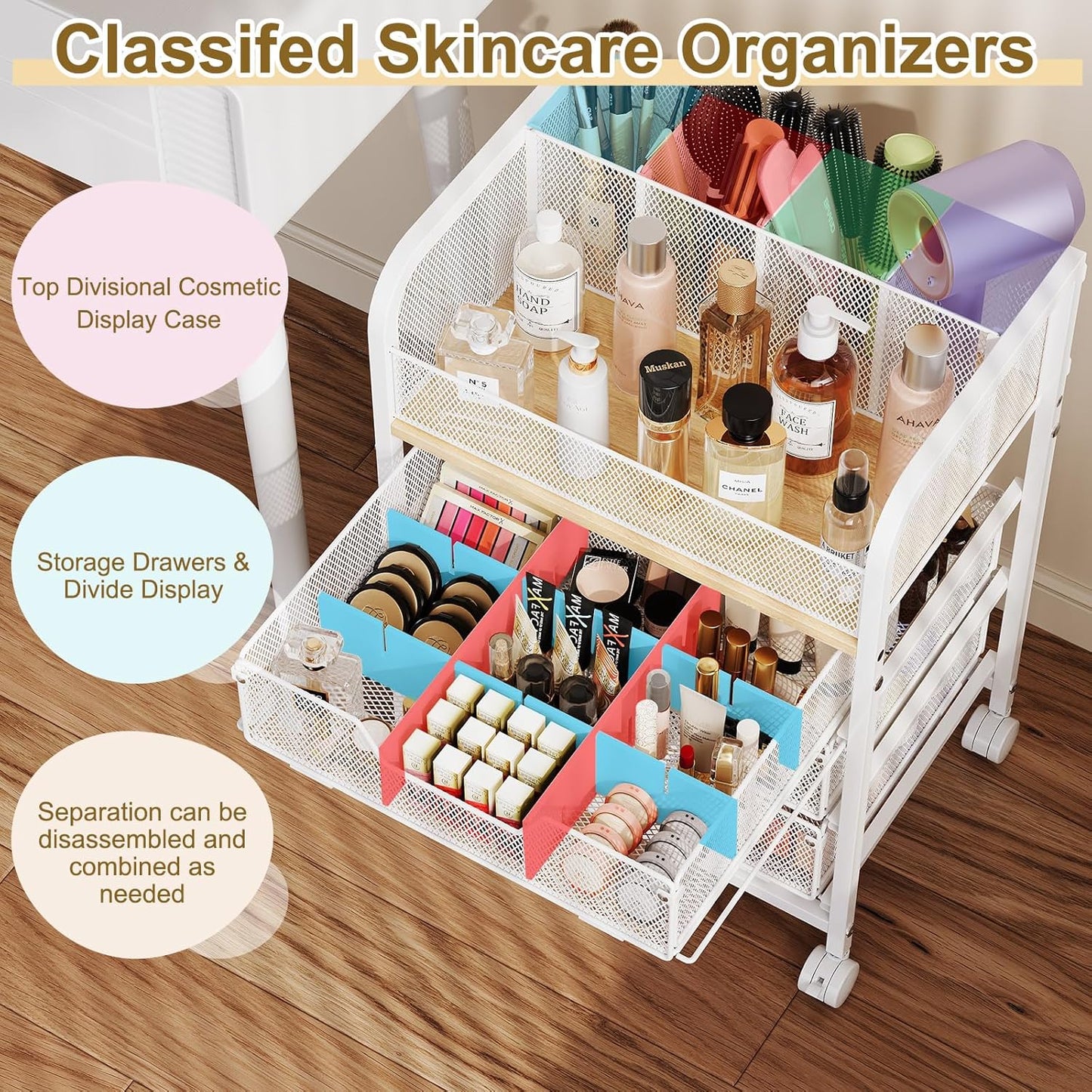 3 Drawers Makeup Cart Organizer with Divider, Under Desk Floor Skincare Organizers, Vanity Storage Organizer Cosmetics Display Cases for Skin Care Perfume Nail Polish, White