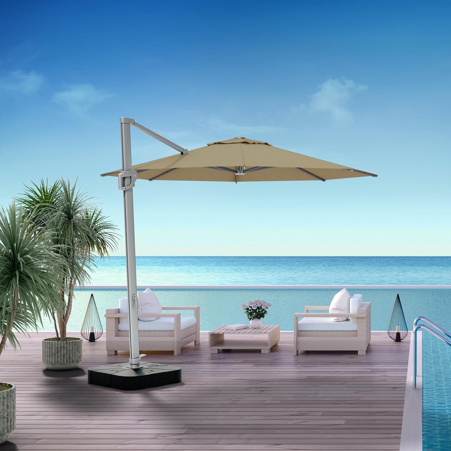 Midtown Umbrellas 10 Ft Outdoor Cantilever Patio Umbrella w/Terylast Chestnut Beige Fabric - Rotate 360° Offset Patio Umbrella, Deck Patio Umbrella, Backyard Umbrella & Garden Umbrella - Silver Frame