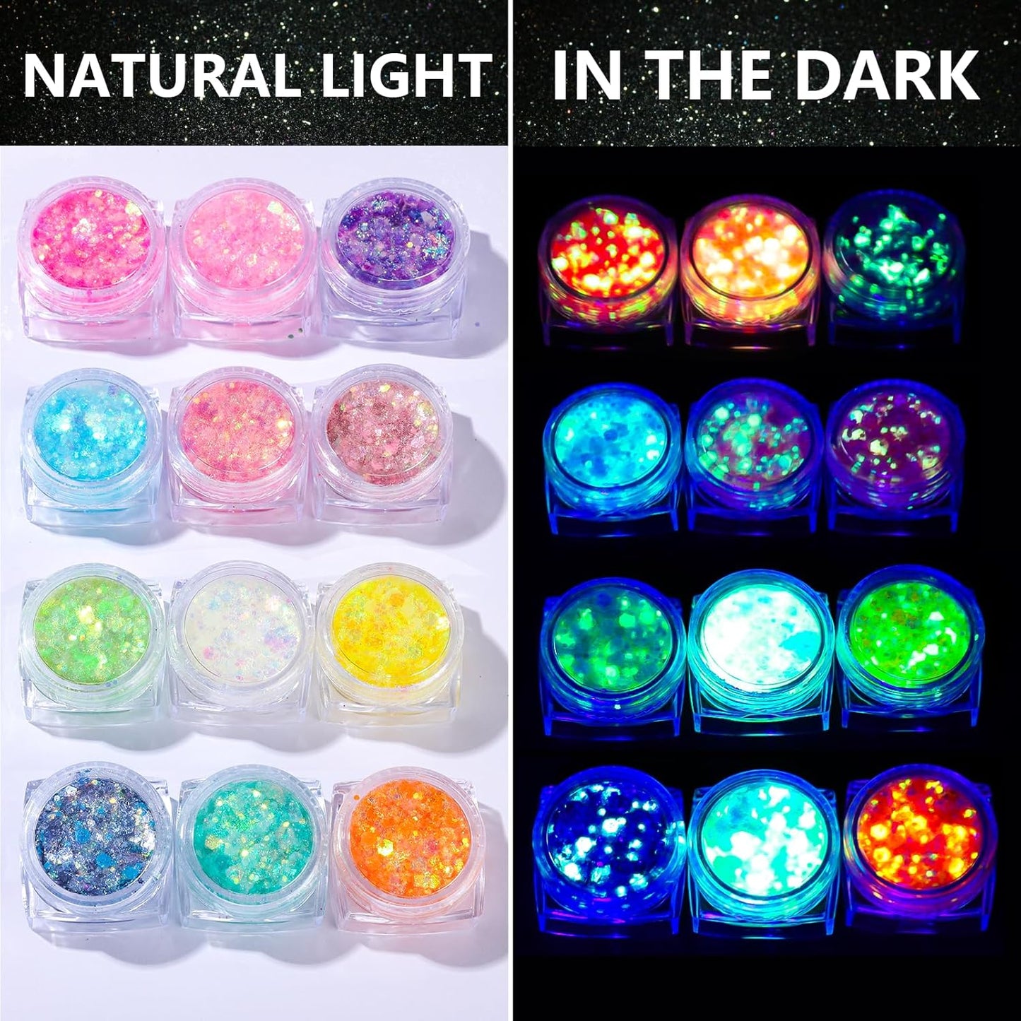 Teenitor 24 Colors Glow in The Dark Body Glitter Face Glitter Gel for Halloween, Hair Glitter for Kids Rave Accessories, Chunky Glitter Face Glitter for Women Makeup in Festivals Party