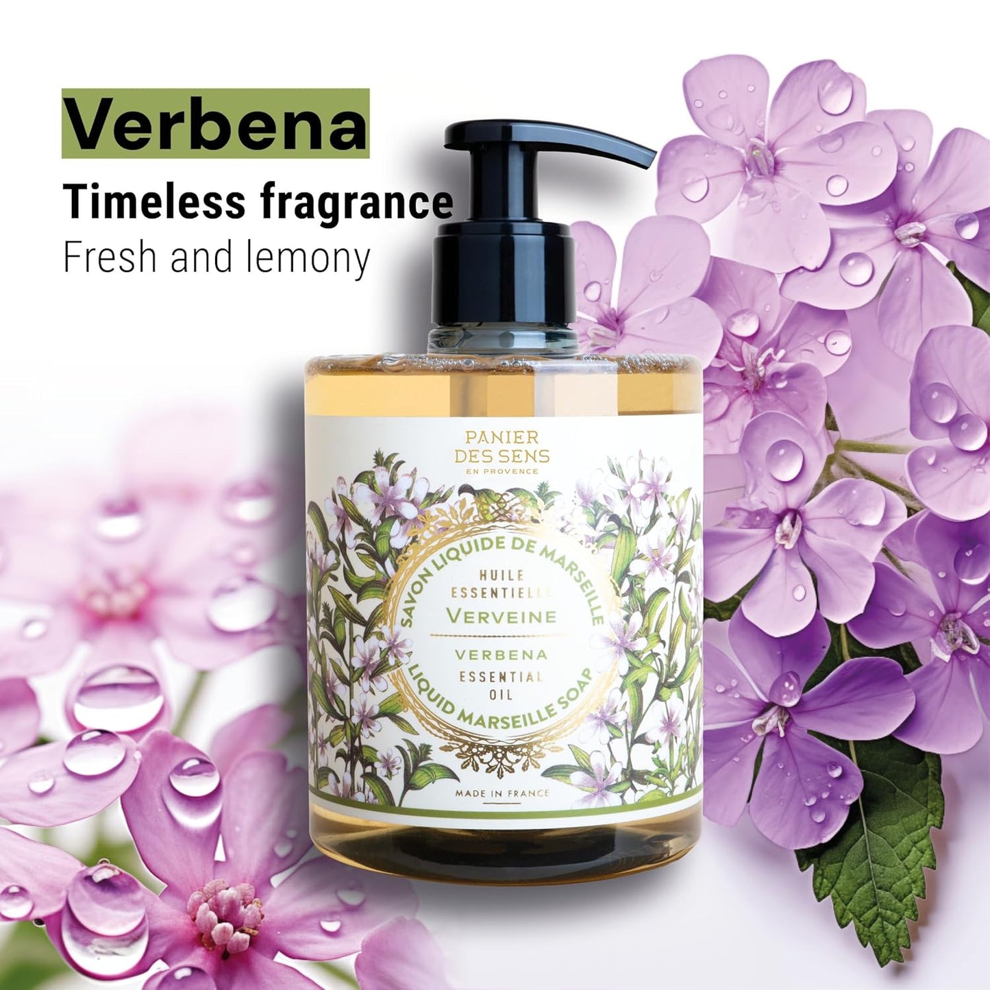 Panier des Sens - Liquid Hand Soap - Verbena Hand Wash - French Marseille Moisturizing Hand Soap with Coconut Oil - Refillable Kitchen & Bathroom Hand Soap - 97% Natural Ingredients -16.9 Fl.oz