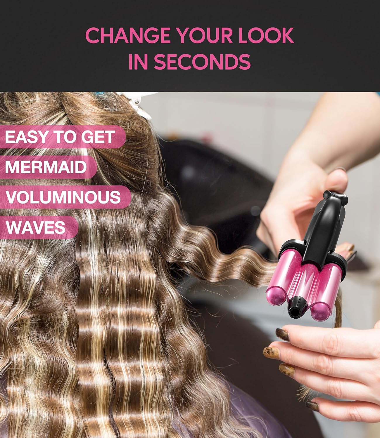 FARERY Mini Hair Crimper 3 Temperature Adjustable, 3 Barrel Curling Iron for Short Hair, Hair Waver for Women Beach Waves, 1/2 Inch Travel Size, Dual Voltage, Pouch Bag