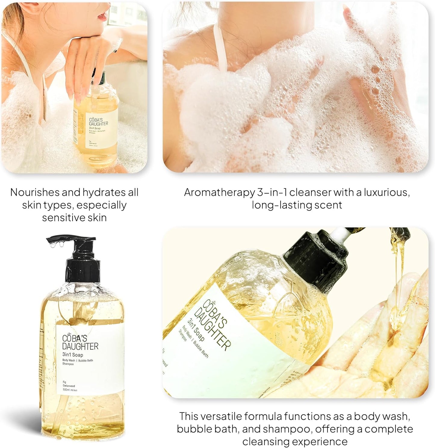 COBA'S DAUGHTER | 3in1 Bubble Bath, Body Wash & Hand Wash for Men and Women | Nourishing Fig & Cedarwood Scent Liquid Soap with Inulin & Seaweed Extract | Cleanses, Softens & Conditions Skin (16.9oz)