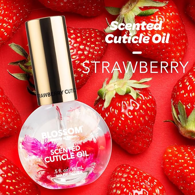 Blossom Hydrating, Moisturizing, Strengthening, Scented Cuticle Oil, Infused with Real Flowers, Made in USA, 2 Pack Bundle, Strawberry + Amazon Exclusive Raspberry