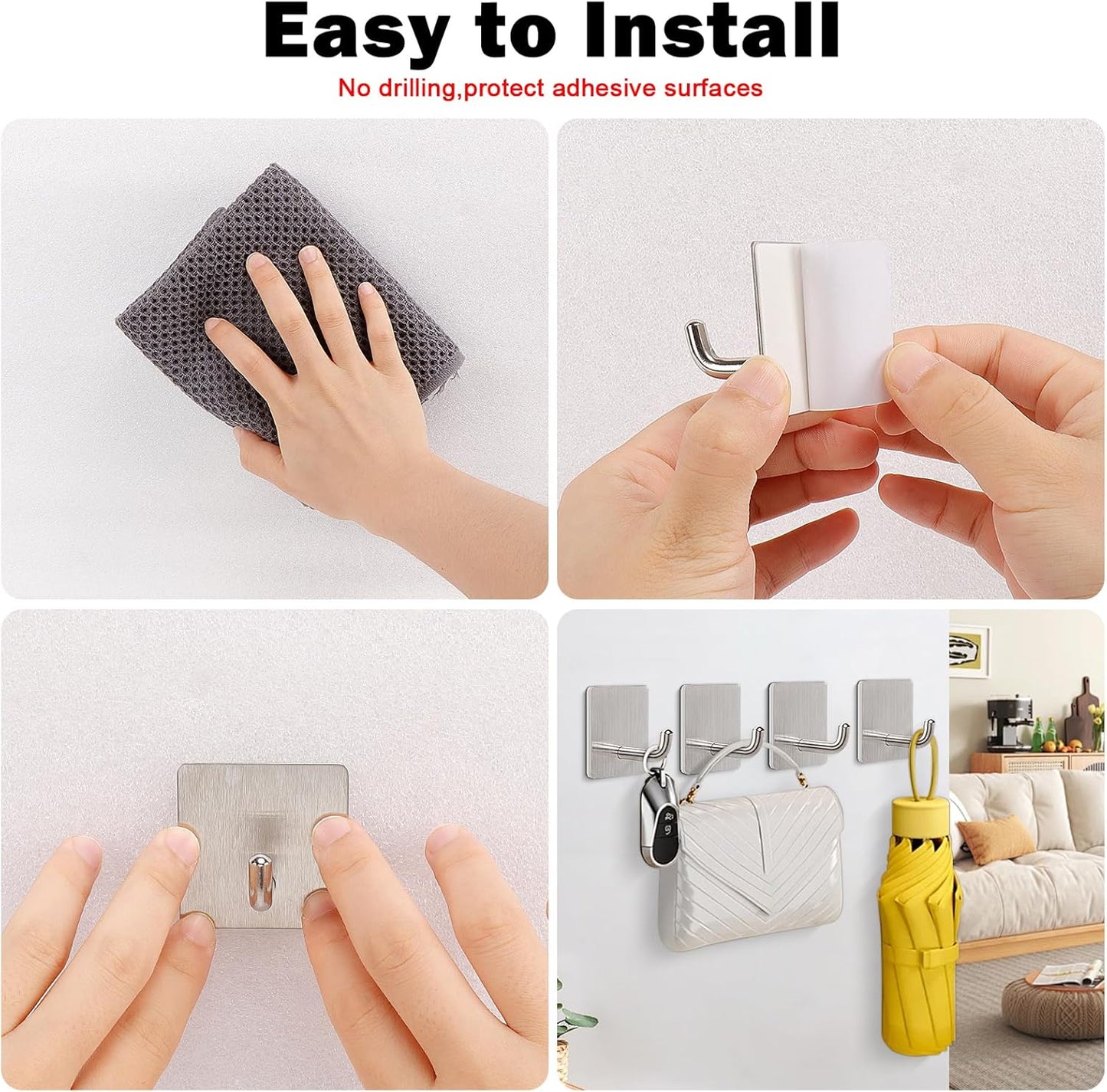 Livabber Adhesive Towel Hooks, 304 Stainless Steel Self Sticky Wall Hooks Waterproof Shower Hooks for Robe/Clothes, No Drilling Towel Hangers for Bathroom Kitchen Bedroom (Brushed Nickel, 6 Packs)