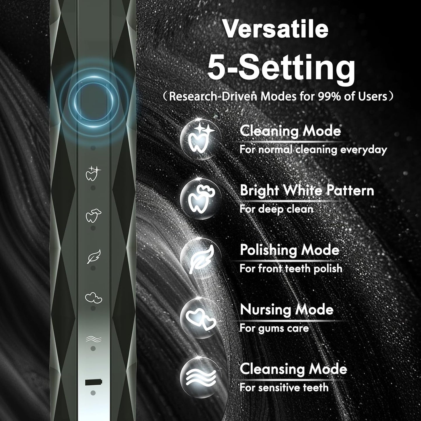 Diamond Style - Sonic Electric Toothbrush for Adults and Kids, Comes with 10 Brush Heads & Travel Case, 5 Modes with 2 Minutes Built in Smart Timer, One Charge for 90 Days, 42,000 VPM Motor (Black)