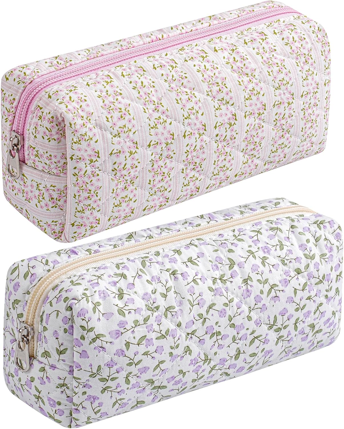 Cute Floral Cotton Makeup Brush Cosmetic Bag for Women, Travel Quilted Zipper Make Up Bag, Flowers Toiletry Organizer Case Kawaii Makeup Cosmetic Travel Cloth Pouch (Pink+Purple Floral)