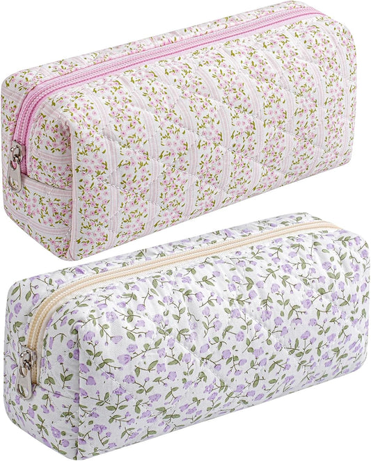 Cute Floral Cotton Makeup Brush Cosmetic Bag for Women, Travel Quilted Zipper Make Up Bag, Flowers Toiletry Organizer Case Kawaii Makeup Cosmetic Travel Cloth Pouch (Pink+Purple Floral)