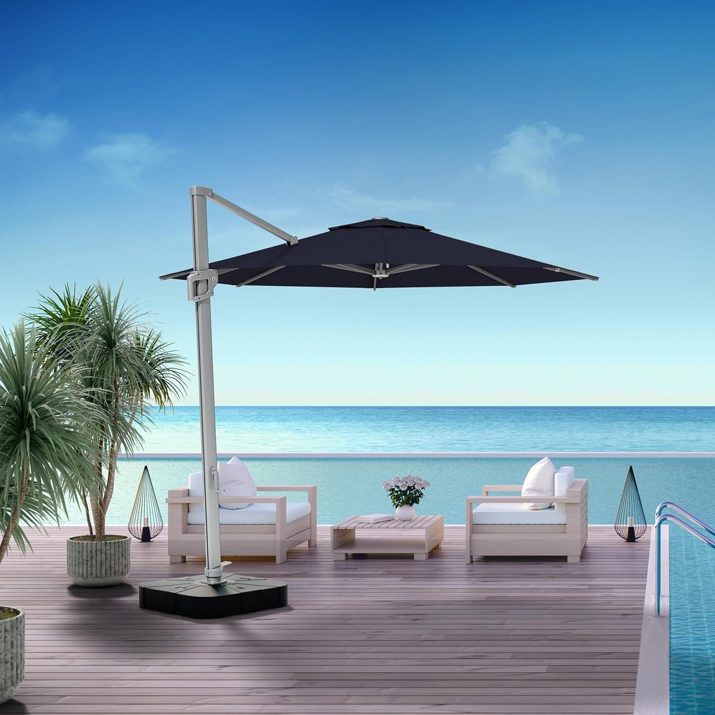 Midtown Umbrellas 10 Ft Outdoor Cantilever Patio Umbrella w/Terylast Navy Blue Fabric - Rotate Tilt 360° Offset Patio Umbrella, Deck Patio Umbrella, Backyard Umbrella & Garden Umbrella - Silver Frame