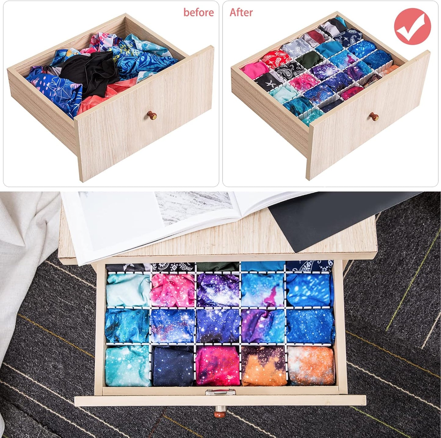 45 Pack Drawer Dividers, Plastic Adjustable Drawer Storage Organizer for Tidying Clutter Socks, Underwear, Makeup, Kitchen, Dresser Black