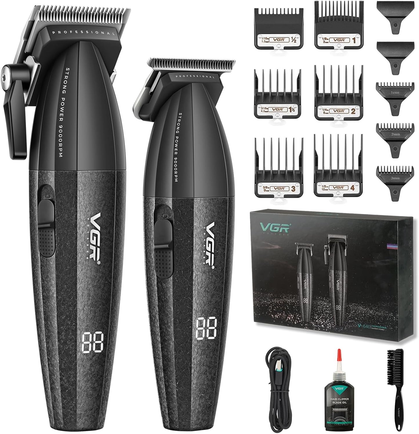 VGR 640 Professional Hair Clippers for Men, 9000RPM Cordless Barber Clippers and Trimmers Set, Zero Gap T-Blade Hair Cutting Kit, DLC Coated Ceramic Blade Barber Kit with LED Display(Black)