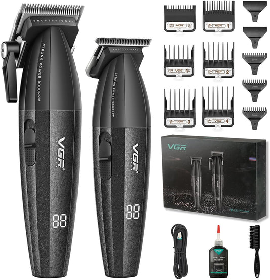VGR 640 Professional Hair Clippers for Men, 9000RPM Cordless Barber Clippers and Trimmers Set, Zero Gap T-Blade Hair Cutting Kit, DLC Coated Ceramic Blade Barber Kit with LED Display(Black)