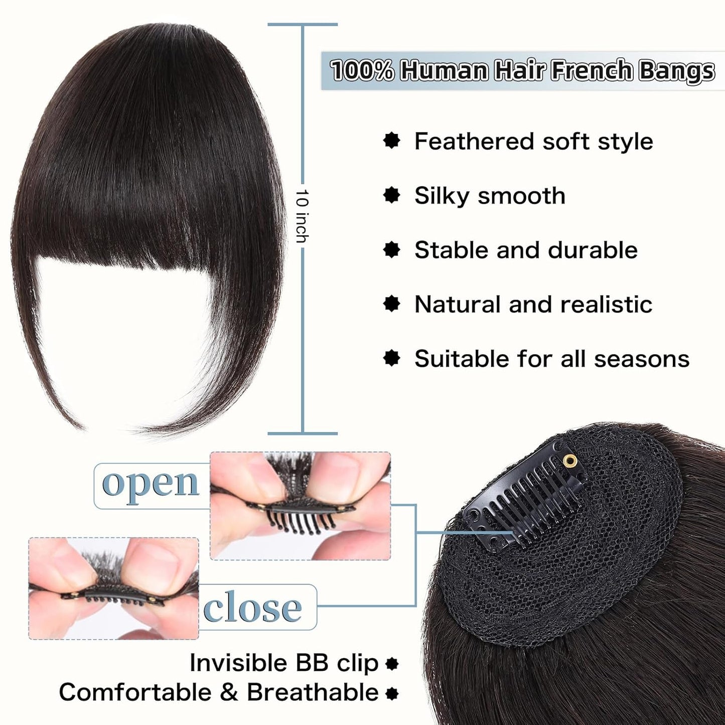 Clip In Bangs for Women, Brown Black French Bangs Hair Clip with Temples, 100% Real Human Hair Layered Curved Fringe for Halloween and Daily Use(Brown Black, French Bangs)