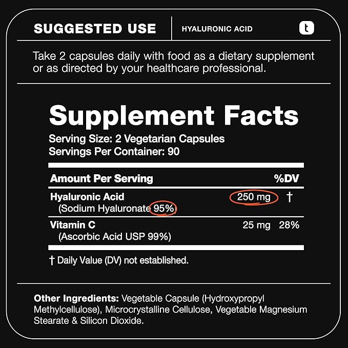 Ultra High Purity Hyaluronic Acid Capsules - 95%+ Highly Purified and Highly Bioavailable - 275mg Formula - Non-GMO Fermentation - High Strength with Vitamin C - 360 Capsules