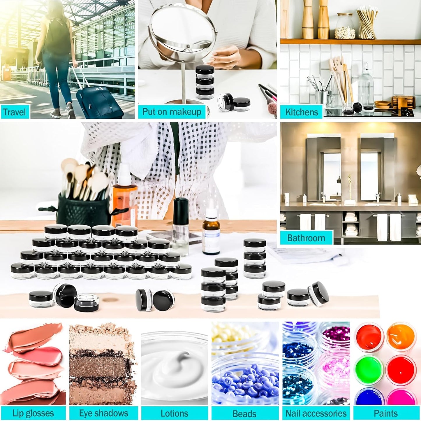 MotBach 50PCS 10g Empty Sample Containers with Black Lids,Refillable Makeup Sample Containers, Small Sample Pot Jars Travel Makeup Containers with Mini Spatulas for Liquid Powder Creams Lotions