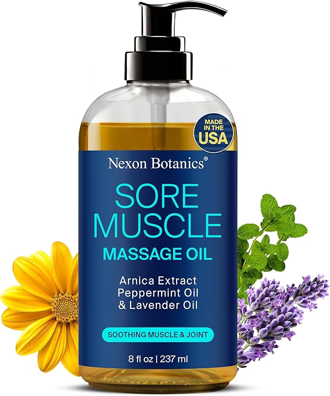 Sore Muscle Massage Oil 8 fl oz - Arnica Massage Oil for Therapy & Pain Relief - Peppermint & Lavender for Body & Muscle Relaxation - Nexon Botanics