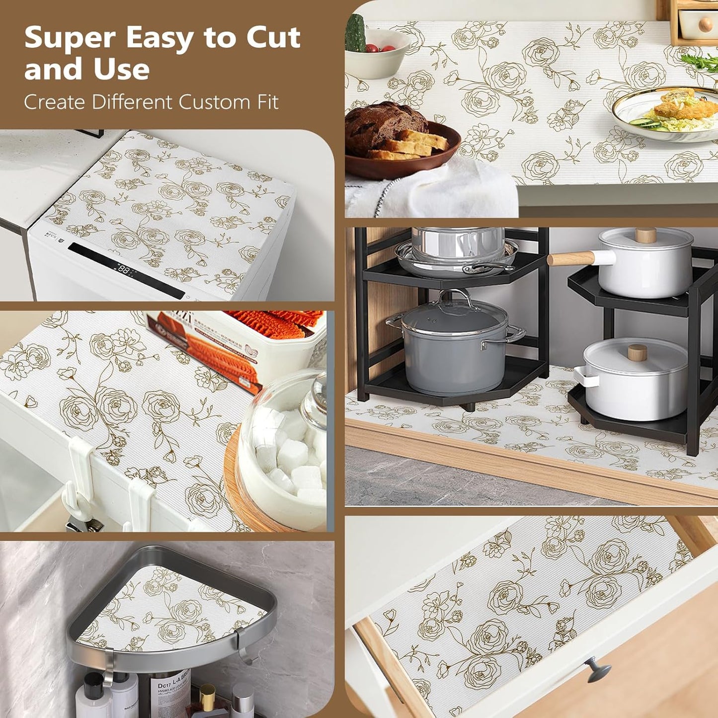 Shelf Cabinet Liner for Kitchen- Non Adhesive Drawer Liner Refrigerator Liner, Premium Waterproof Shelf Paper Protect Surface, Non Slip Easy to Clean Durable EVA Material, Gold Roses, 18 in x 30FT