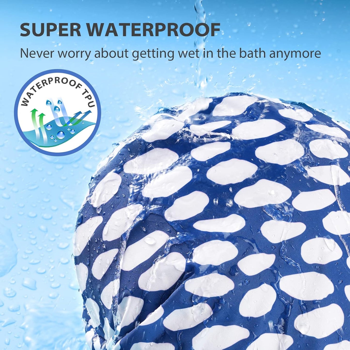 INNELO Luxury Shower Cap for Women Reusable Waterproof, Double Layered Shower Hair Cap with Adjustable Elastic Strap, Large Satin Lined Shower Bath Cap for Long Curly Straight Hair, Blue