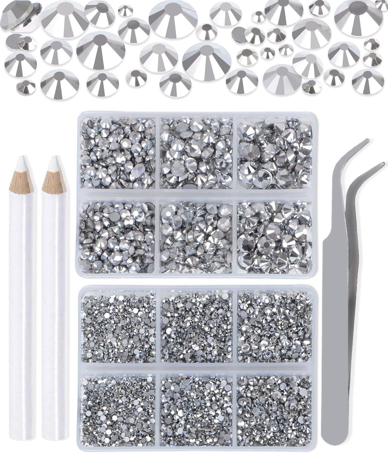 LPBeads 6000 Pieces Metallic Silver Non Hotfix Rhinestones 6 Sizes Round Crystal Glass Flat Back Rhinestones with Tweezers and Picking Pen for Nail Art Crafts Clothes Bags DIY