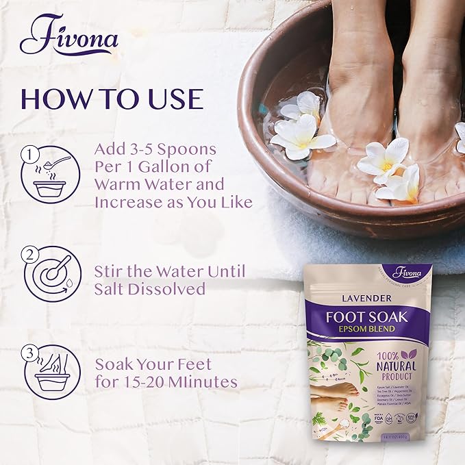 Fivona Foot Soak Blend Epsom Salt with Lavender 14.1 oz - Calming Foot Bath Salt, Relax & Renew Tired Feet, Soothe Soreness, Soften Calluses - Rejuvenating Pedicure Spa at Home