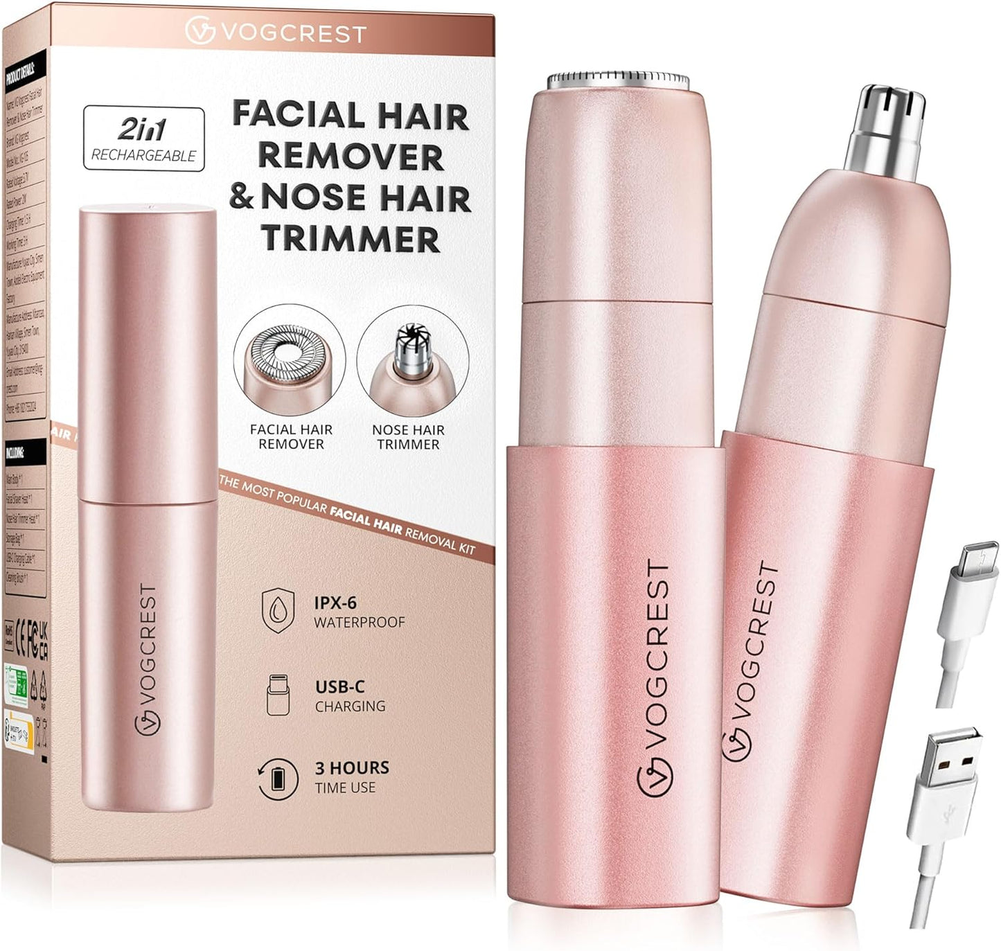 VG VOGCREST Nose Trimmer for Women: 2 in 1 Rechargeable Facial Hair Removal - Portable Mini Face Shaver for Chin Lip Peach Fuzz Ideal for Travel Use