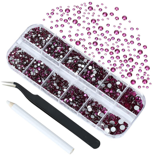 4240Pcs Fuchsia Flatback Rhinestones 6 Sizes Crystal Diamonds for Nail Art Crafts Clothes Shoes with Tweezers and Picking Pen