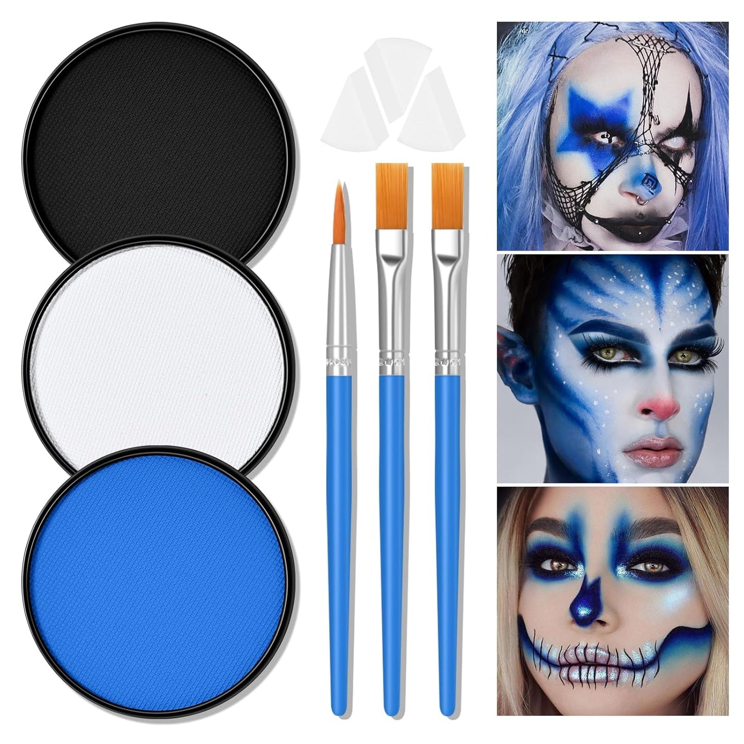 White Black Blue Foundation Face Body Paint, Halloween Makeup Face Painting Kit with Painting Brushes and Makeup Sponge for Kids & Adults Halloween The Smurfs Avatar Elf Cosplay Party-30g