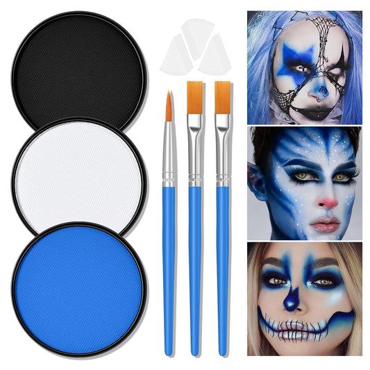 White Black Blue Foundation Face Body Paint, Halloween Makeup Face Painting Kit with Painting Brushes and Makeup Sponge for Kids & Adults Halloween The Smurfs Avatar Elf Cosplay Party-30g