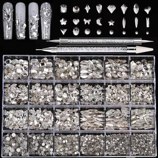 18 Types of 900 Special-Shaped Diamonds + 3200 Flat-Bottomed Nail Rhinestones, Clear Nail Crystal Gems Stone DIY Crafts for Shoes, Clothes, Jewels