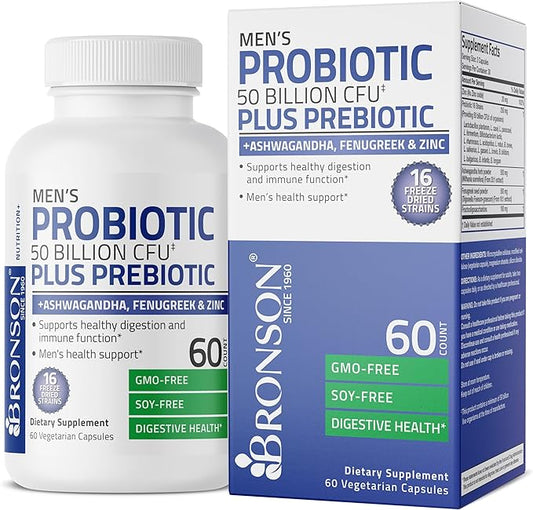 Bronson Men's Probiotic 50 Billion CFU Plus Prebiotic with Ashwagandha, Fenugreek & Zinc, Supports Healthy Digestion & Immune Function Non-GMO, 60 Vegetarian Capsules