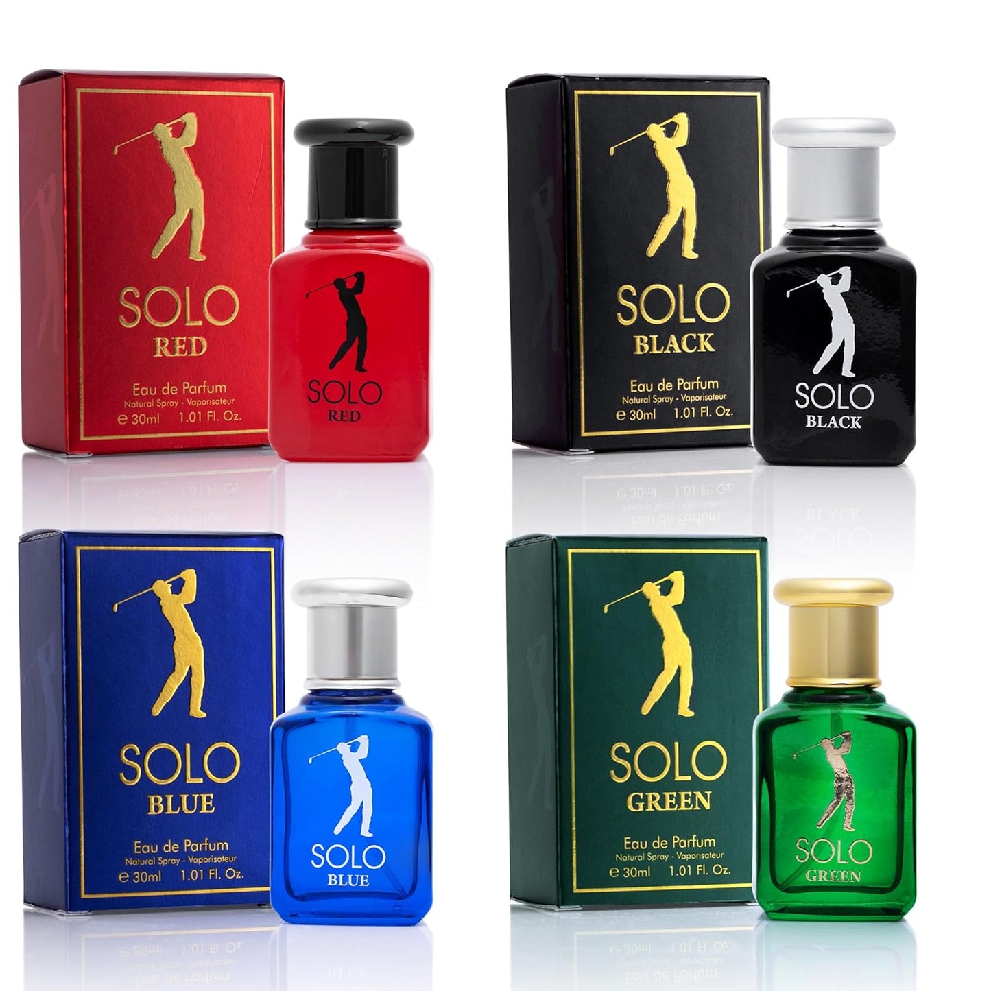 NovoGlow Solo 4-Piece Mini Fragrance Set for Men EDP - Solo Red, Blue, Black & Green - Combination of Woody, Citrus & Spicy Scents - Suitable For All Skin Types - Free of Paraben Each in 30ml Bottle
