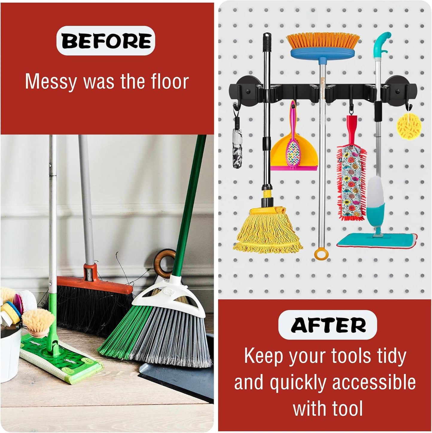 ULIBERMAGNET Magnetic Mop Broom Holder,Heavy Duty Movable Magnetic Broom Holder Rack,Anti-slip Wall Mounted Utility Storage Mop Shovel Hanger for Garage, Kitchen, Laundry, Garden(3 Racks / 4 Hooks)