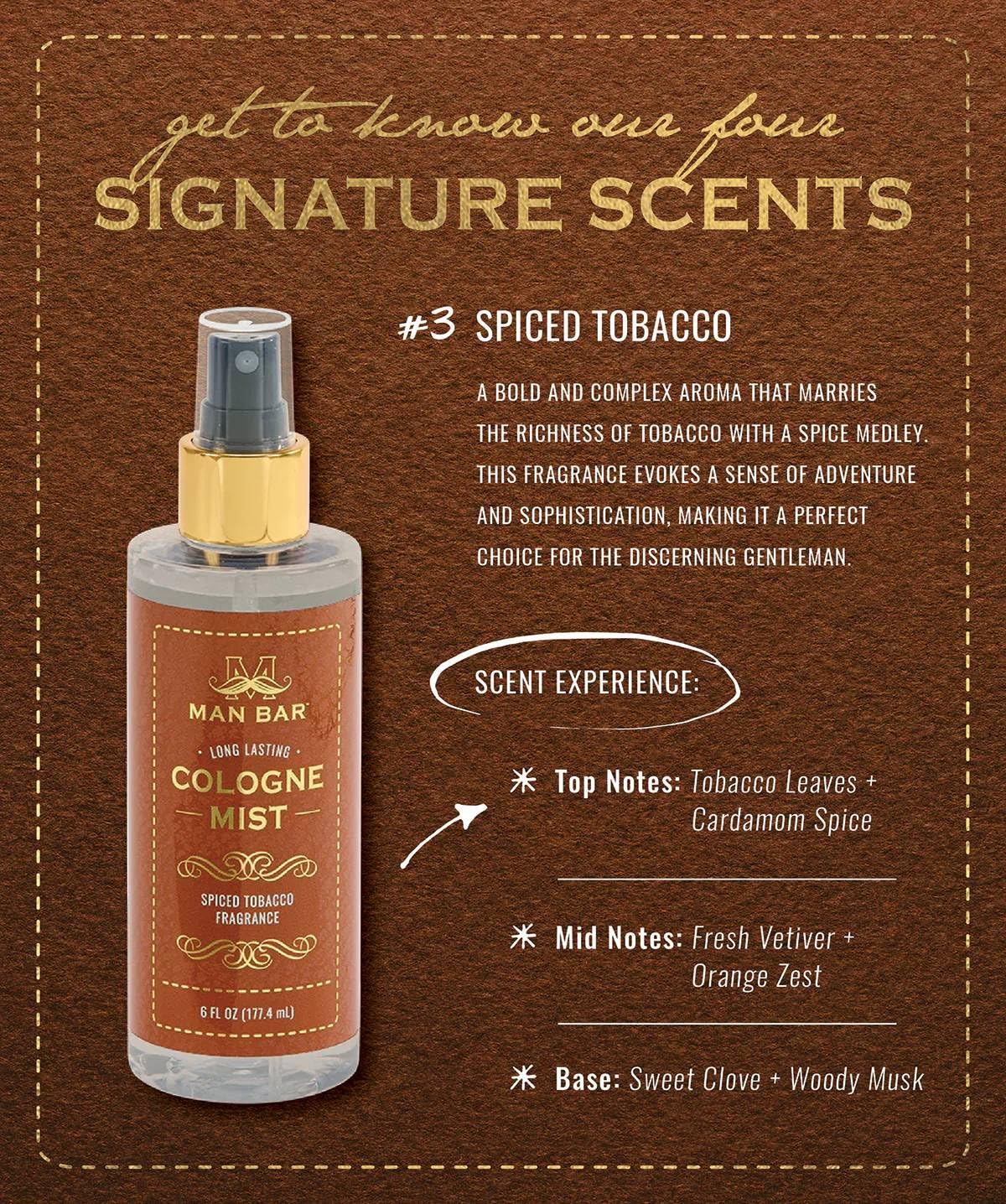 San Francisco Soap Company MAN BAR Cologne Mist Spiced Tobacco - Long Lasting - Created with the Man in Mind - 6 fl oz