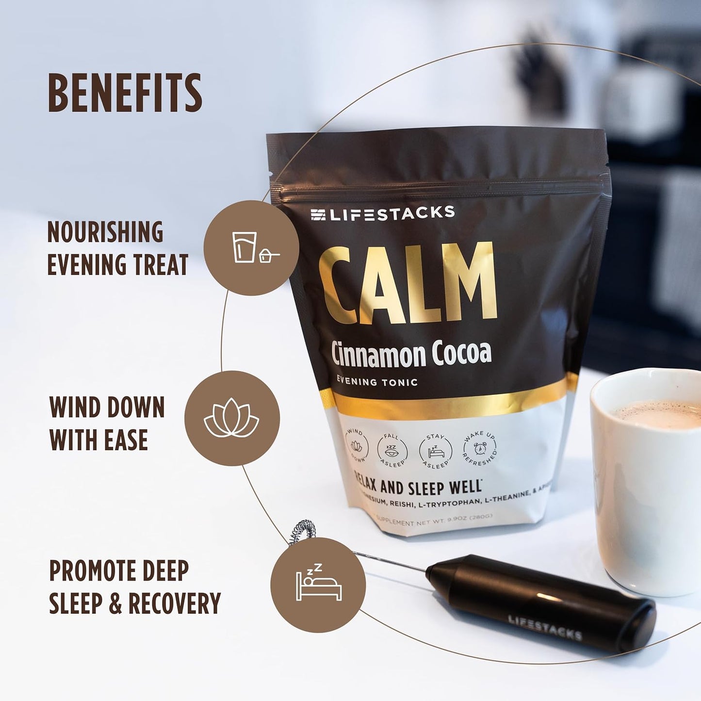 Calm Evening Tonic Sleep Powder - Cinnamon‑Cocoa Nighttime Superfood Drink Mix - Magnesium, L‑Theanine, Reishi Mushroom & L‑Tryptophan for Deep Sleep & Recovery, No Grogginess - 5 Servings