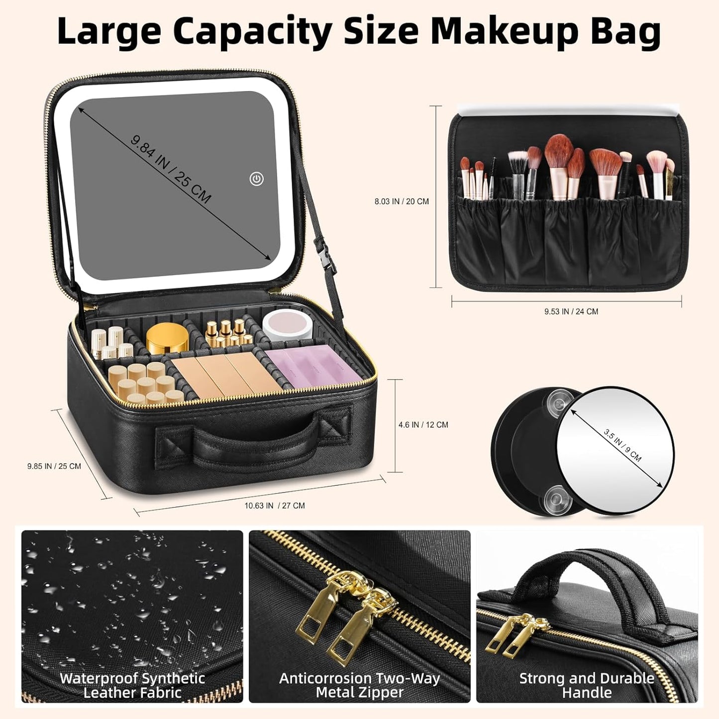 Makeup Bag with Mirror and Light 3 Colors, Travel Make up Bag with Mirror Portable Lighted Makeup Case Organizer Cosmetic Case with 2-Layers Adjustable Dividers & 10X Magnifying Mirror(Black)