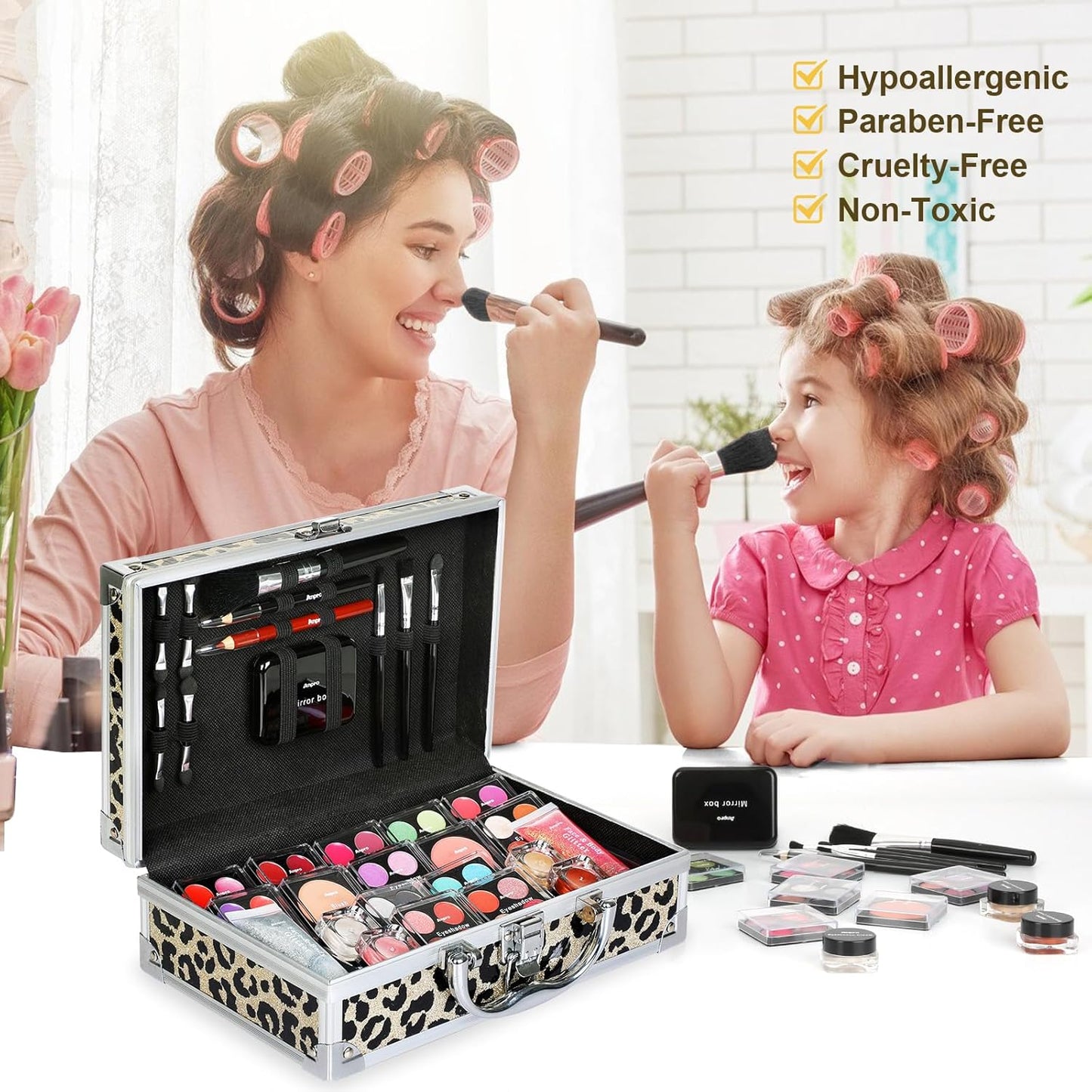 Anpro All-In-One Makeup Kit with Carry Case, Pro Teen Makeup Set, Full Starter Cosmetics Kit with Makeup Brushes, Lipsticks, Eye Shadows Palette, Blushes, Glitter Gel-Yellow Leopard