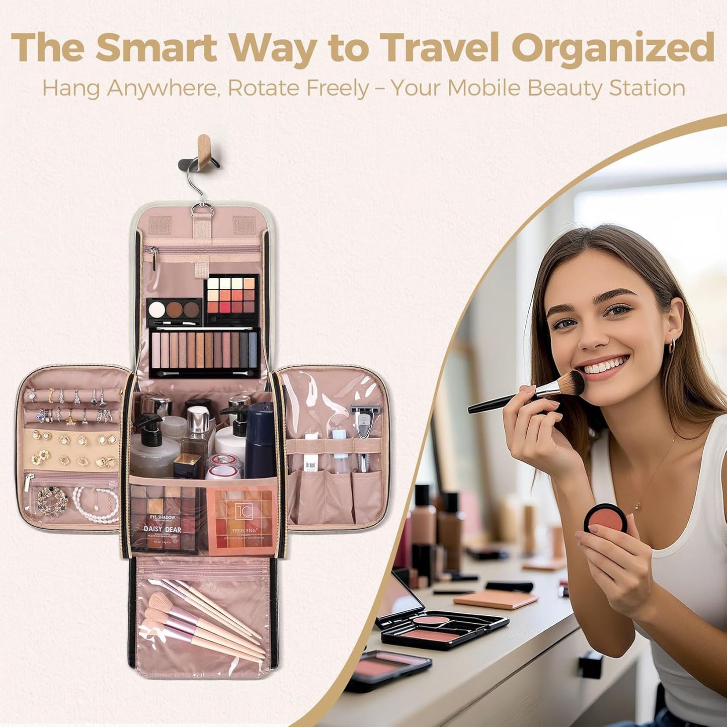 Hanging Toiletry Bag & Makeup Bag for Women with Jewelry Organizer - TSA Approved Large Capacity Travel Cosmetic Organizer, Waterproof Shower Essentials Case with Transparent Pockets, Beige